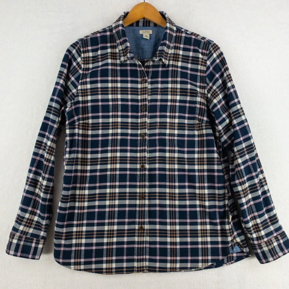 L.L. Bean Flannel Shirt Womens Medium Blue Pink Plaid Long Sleeve Soft - Picture 1 of 12